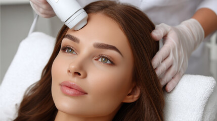 Naklejka premium Young woman receiving skin treatment with device on forehead, showing smooth skin and calm expression in spa setting