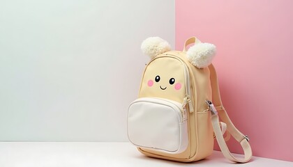 Cute Backpack with Smiling Face and Pom Poms on Pastel Background