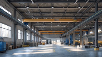 Obraz premium Spacious Factory Interior with Overhead Cranes and Industrial Equipment