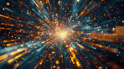 Fototapeta premium High-speed collisions of quantum particles produce a dynamic burst of color and energy, showcasing the intricate behavior of particles at the subatomic level in a stunning display