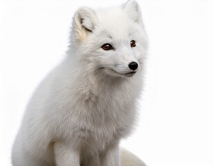 a beautiful white arctic fox sitting calmly against a white background