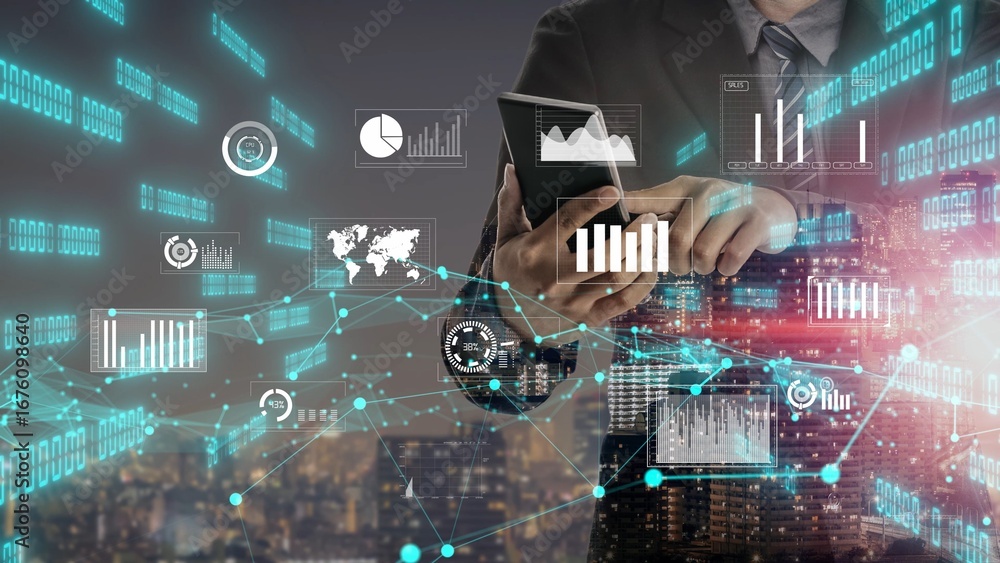 Aufkleber a businessman reviews data and charts on a smartphone while surrounded by digital projections in a v