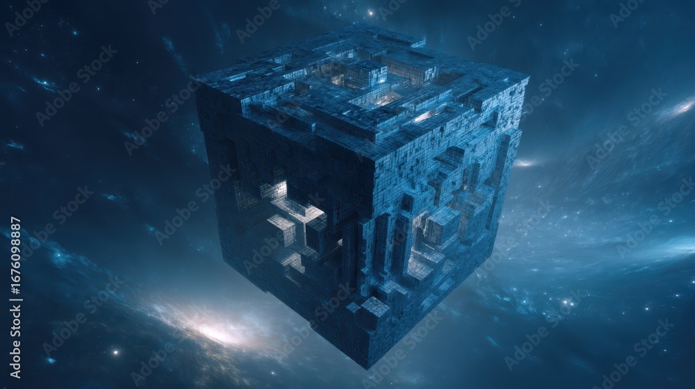 Aufkleber futuristic floating cube maze in outer space with vibrant colors