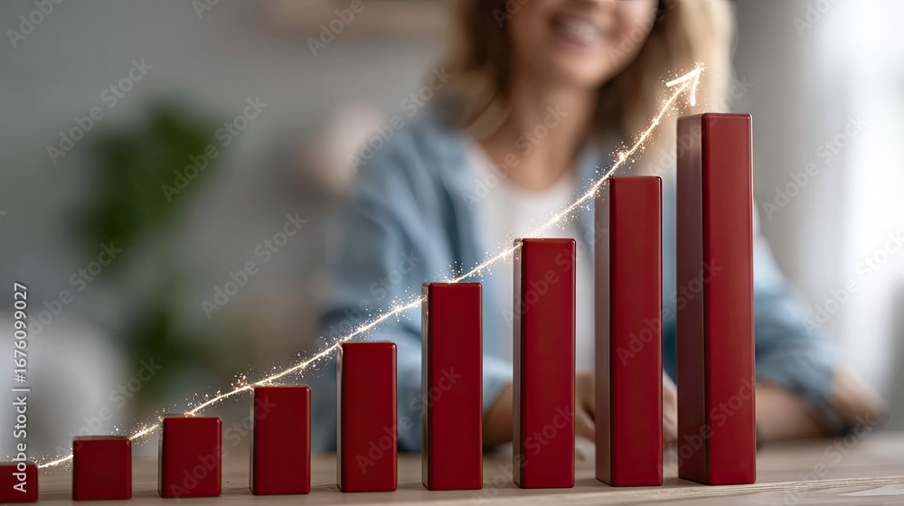 Poster growth in business performance showcased through a rising bar graph in an office setting with a smil