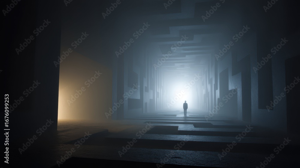 Poster mysterious foggy maze with shadows and a figure in the distance
