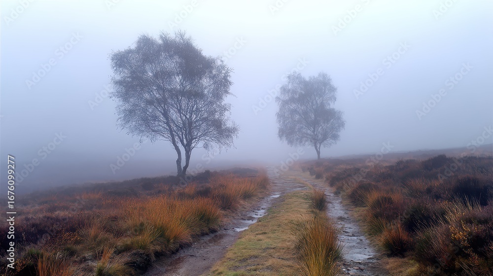 Poster foggy moorland path with sparse trees and mysterious atmosphere