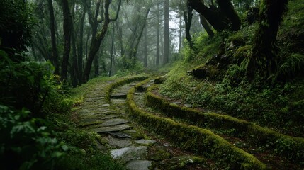 Fototapeta premium Foggy Forest Path Through a Mysterious Maze of Greenery