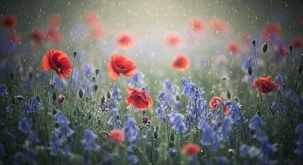 Obraz premium Vibrant Field of Poppies and Blue Flowers in Sunlight.