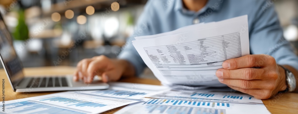 Poster individual analyzing financial data and reports while working on a laptop in a modern office environ