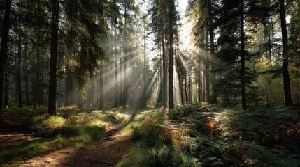 Fototapeta premium Sunlight Shafts Through Trees in Forest Clearing Surrounded by Nature