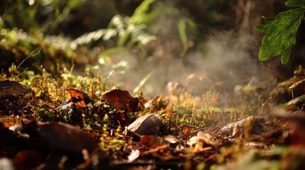Misty Forest Floor After Rain with Steaming Ground in Nature Scene