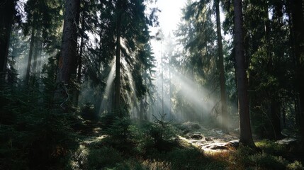 Obraz premium Sunlight Shafts Through Trees in a Serene Forest Clearing