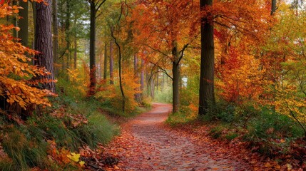 Obraz premium Serene Autumn Pathway Surrounded by Colorful Leaves in Forest