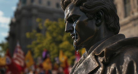 Weeping Bronze Statue Amidst a Crowd