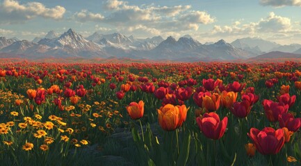 Vibrant tulip field at mountain foothills