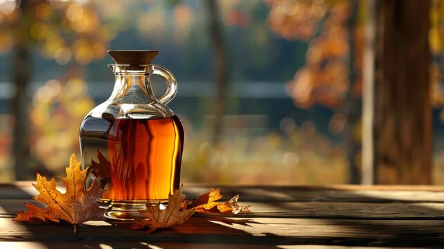 A bottle of maple syrup on a wooden stand on the table