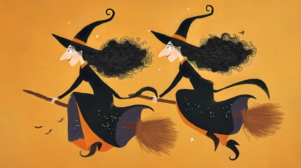 Cartoon witch twins flying side by side on broomsticks with sparkly trails, Halloween illustration