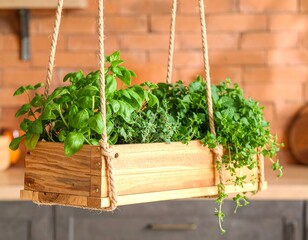 Hanging wooden herb planter in a kitchen