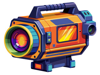 Stylized and Colorful Cartoonish Retro Camcorder with Large Lens and Boxy Design