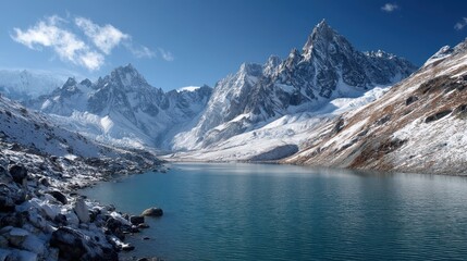 Obraz premium Scenic Glacial Lake Surrounded by Majestic Snowy Mountain Peaks