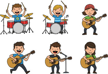Happy kids playing drums and guitars, cartoon children musicians performing, cheerful band with instruments, musical kids, fun vector illustration for music lovers and education