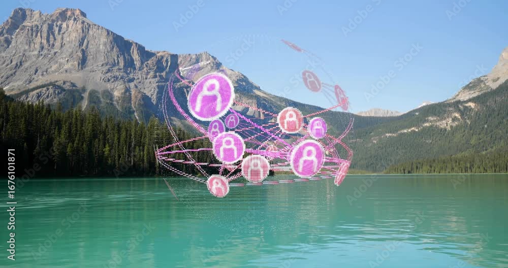 Poster upon hologram materializing over alpine lake, network rotating and pulsating to visualize mesh