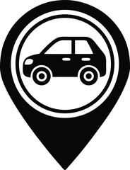 Vector art of black car icon inside a location pin symbol