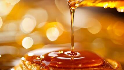 Maple syrup or honey is poured on a pile of pancakes on a yellow background