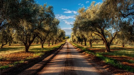 Obraz premium Gravel Road Through Olive Grove Under Blue Sky and Fluffy Clouds