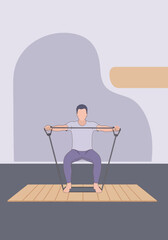 Fototapeta premium Man performing resistance band squats for strength training.