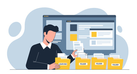 Man organizing documents in folders with a computer in the background.