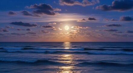 Obraz premium Full moon rises over a tranquil ocean at sunset