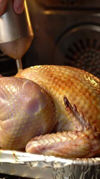 Basting a Whole Turkey or Chicken with a Meat Baster During Roasting in Oven