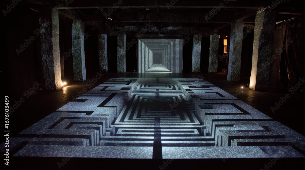 Poster holographic projection of a sci-fi inspired maze creating depth