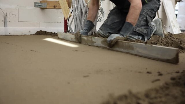 A worker kneels indoors, leveling liquid foam concrete and cement screed with a straightedge tool. Motion shows precise smoothing on white walls.