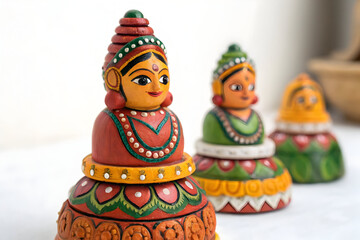 Close up of colorful channapatna dolls arranged on a white surface in a studio setting showing details
