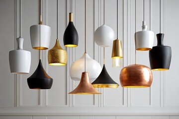 Assorted pendant lights in various shapes and colors hang from a white wall with subtle vertical stripes