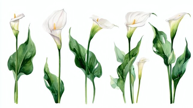 Abstract watercolor collection of arum lily flowers, hand-drawn illustrations with a focus on botanical beauty and elegance on white background