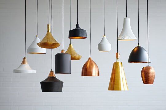 Various pendant lamps hang from the ceiling, showcasing a range of shapes and finishes