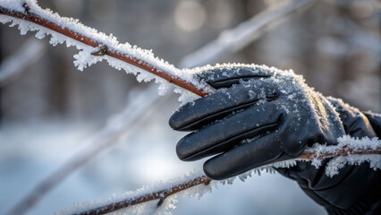 Black glove holding snow covered branch with frost in winter forest creating abominable cold atmosphere