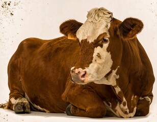 A brown and white cow lying down, studio shot