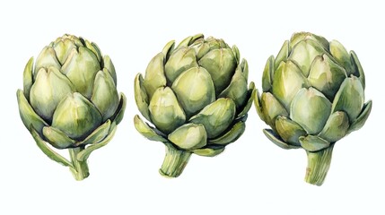 Fototapeta premium Artichokes green and purple watercolor illustration isolated on white transparent background.
