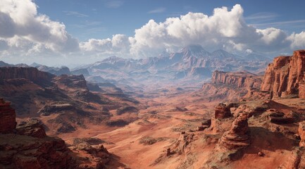 Vast, sun-drenched canyon landscape. Arid, reddish terrain stretches before a distant snow-capped mountain range. Cloudy, light-blue sky overhead