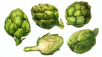 Obraz premium Artichokes green and purple watercolor illustration isolated on white transparent background.