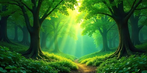 Fototapeta premium Lush green canopy of a vibrant forest, sunlight dappling through leaves, creating a magical atmosphere Perfect for nature, environment, and ecology themes , dappled light, serenity, plants