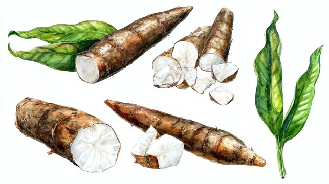 Set of arrowroot, sliced of arrowroot isolated on white. Watercolor hand painted illustration