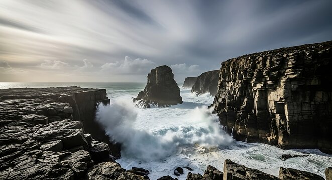 Powerful Waves Crashing on Rugged Cliffs.
