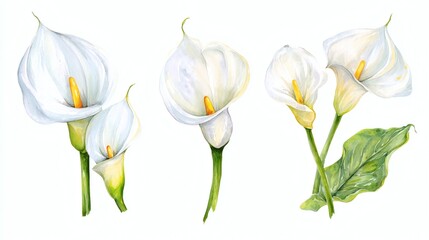 Abstract watercolor collection of arum lily flowers, hand-drawn illustrations with a focus on botanical beauty and elegance on white background