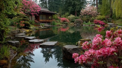 Tranquil Japanese Garden in Springtime with Colorful Blossoms