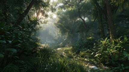 Fototapeta premium Serene Jungle Clearing Illuminated by Soft Sunlight